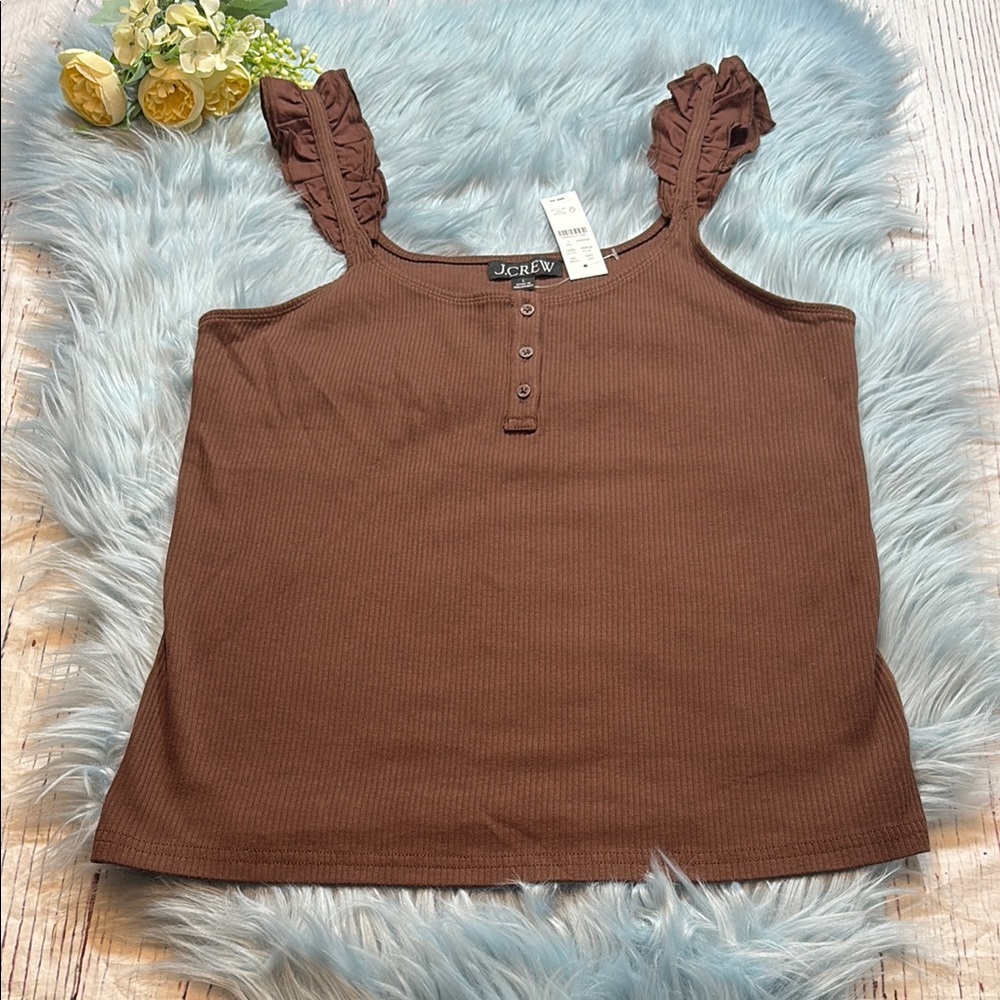 J. Crew Brown Ruffled Strap Ribbed Tank Top